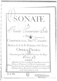 Partition Title page, Sonate a Flauto Traversiere Solo e Basso Composte dal Sigr. Canaby Musico di S.A.E. Palatino del Reno.