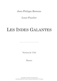 Partition violoncelles / Basses / Continuo, Les Indes galantes, Opéra-ballet
