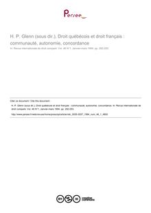 H. P. Glenn (sous dir.), Droit québécois et droit français : communauté, autonomie, concordance - note biblio ; n°1 ; vol.46, pg 292-293