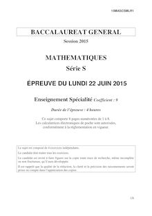 Bac général 2015 : Mathématiques (enseignement de spécialité) série S