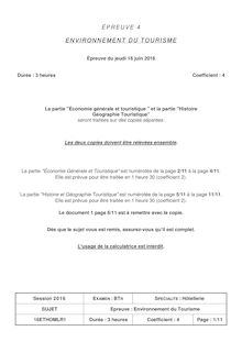 Baccalauréat Environnement du tourisme 2016 - Série BTN Hôtellerie