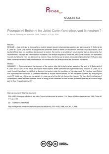 Pourquoi ni Bothe ni les Joliot-Curie n ont découvert le neutron ? - article ; n°1 ; vol.41, pg 3-24