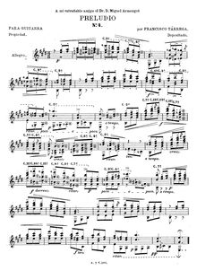 Partition complète, Prelude No.4, E major, Tárrega, Francisco