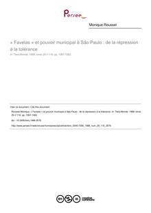 « Favelas » et pouvoir municipal à São Paulo : de la répression à la tolérance - article ; n°116 ; vol.29, pg 1067-1082