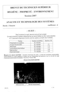 Analyse et technologie des systèmes 2007 BTS Hygiène propreté environnement