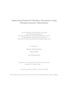 Improving statistical machine translation using morpho-syntactic information [Elektronische Ressource] / vorgelegt von Sonja Nießen