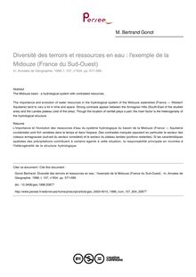 Diversité des terroirs et ressources en eau : l exemple de la Midouze (France du Sud-Ouest)  - article ; n°604 ; vol.107, pg 571-589