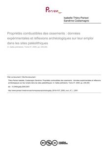 Propriétés combustibles des ossements : données expérimentales et réflexions archéologiques sur leur emploi dans les sites paléolithiques - article ; n°1 ; vol.47, pg 235-254