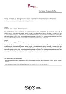 Une tentative d explication de l offre de monnaie en France - article ; n°5 ; vol.24, pg 761-800