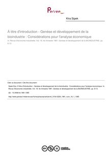 À titre d introduction - Genèse et développement de la bioindustrie : Considérations pour l analyse économique - article ; n°1 ; vol.18, pg 6-13