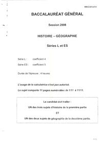 Histoire Géographie 2008 Sciences Economiques et Sociales Baccalauréat général