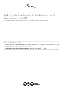 lus Privatus Gentium, Festschrift fur Max Rheinstein zum 70. Geburtstag am 5. Juli 1969 - note biblio ; n°4 ; vol.21, pg 884-886