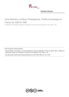 Anne Mantero, La Muse Théologienne, Poésie et théologie en France de 1629 et 1680  ; n°1 ; vol.43, pg 104-104