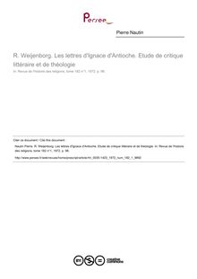 R. Weijenborg. Les lettres d Ignace d Antioche. Etude de critique littéraire et de théologie  ; n°1 ; vol.182, pg 98-98