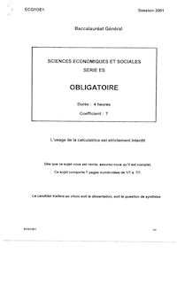 Sciences économiques et sociales (SES) 2001 Sciences Economiques et Sociales Baccalauréat général