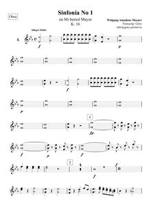 Partition hautbois 1/2, Symphony No.1, E♭ major, Mozart, Wolfgang Amadeus