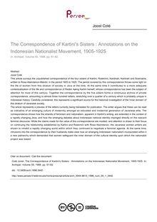 The Correspondence of Kartini s Sisters : Annotations on the Indonesian Nationalist Movement, 1905-1925 - article ; n°1 ; vol.55, pg 61-82