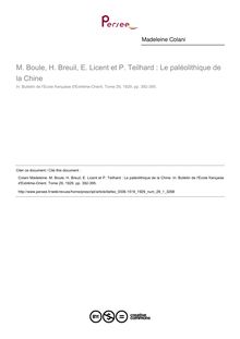M. Boule, H. Breuil, E. Licent et P. Teilhard : Le paléolithique de la Chine - article ; n°1 ; vol.29, pg 392-395