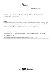 Note sur la communauté des Khoja shi ites de Tananarive - article ; n°1 ; vol.17, pg 71-79