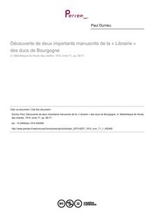 Découverte de deux importants manuscrits de la « Librairie » des ducs de Bourgogne - article ; n°1 ; vol.71, pg 58-71