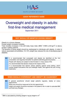 Surpoids et obésité de l adulte  prise en charge médicale de premier recours - Overweight and obesity in adults first line medical management Version anglaise