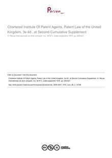 Chartered Institute Of Patent Agents, Patent Law of the United Kingdom, 3e éd., et Second Cumulative Supplément - note biblio ; n°3 ; vol.28, pg 626-627