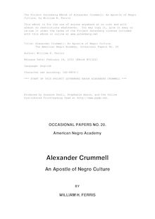 Alexander Crummell: An Apostle of Negro Culture - The American Negro Academy. Occasional Papers No. 20