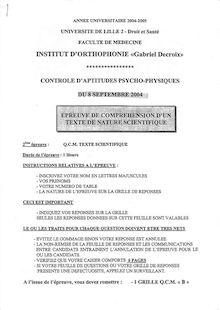QCM Compréhension d un texte scientifique 2004 Institut d Orthophonie Gabriel Decroix Université Lille 2