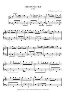 Partition complète, Piece en F major, Klavierstück in F, F major par Wolfgang Amadeus Mozart