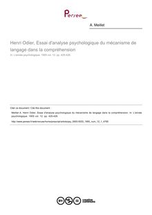 Henri Odier, Essai d analyse psychologique du mécanisme de langage dans la compréhension - compte-rendu ; n°1 ; vol.12, pg 425-426