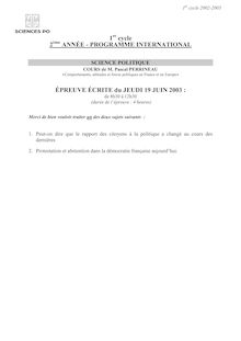 IEP Paris Comportements  attitudes et forces politiques en France et en Europe 2003 FIC