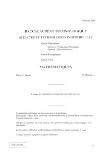 Mathématiques options A et F 2003 S.T.I (Génie Energétique) Baccalauréat technologique