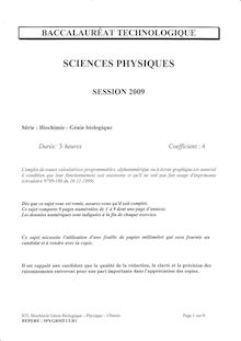 Sciences physiques 2009 S.T.L (Biochimie et génie biologique) Baccalauréat technologique