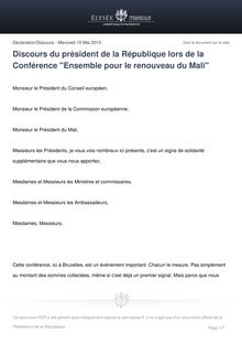 Discours du président de la République François Hollande lors de la Conférence "Ensemble pour le renouveau du Mali"
