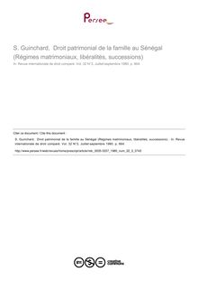 S. Guinchard,  Droit patrimonial de la famille au Sénégal (Régimes matrimoniaux, libéralités, successions)  - note biblio ; n°3 ; vol.32, pg 664-664