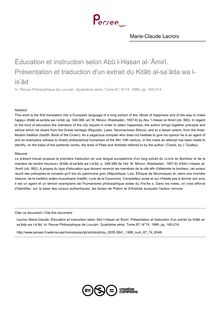 Éducation et instruction selon Abû l-Hasan al-‛Âmirî. Présentation et traduction d un extrait du Kitâb al-sa‛âda wa l-is‛âd - article ; n°74 ; vol.87, pg 165-214