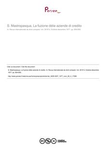 S. Mastropasqua, La fuzione délie aziende di credito - note biblio ; n°4 ; vol.29, pg 854-855
