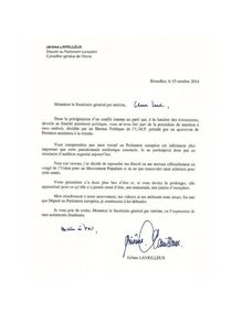 Lettre envoyée par Jérôme Lavrilleux à Luc Chatel - Démission UMP