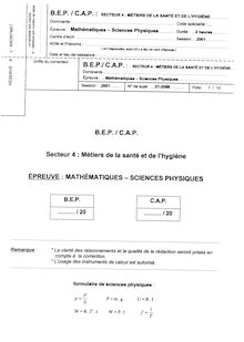 Mathématiques - Sciences physiques 2001 BEP - Bioservices