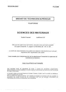 Sciences des matériaux 2003 BTS Plasturgie