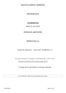 Baccalauréat Sciences 2016 - Séries L et ES