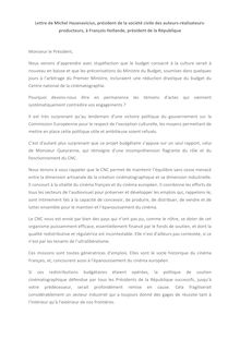 Lettre de Michel Hazanavicius, président de la société civile des auteurs-réalisateurs-producteurs, à François Hollande, président de la République