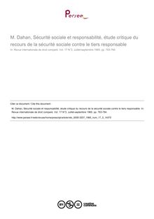 M. Dahan, Sécurité sociale et responsabilité, étude critique du recours de la sécurité sociale contre le tiers responsable - note biblio ; n°3 ; vol.17, pg 783-784