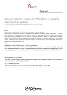 Colorants naturels et teintures du XVIIe siècle à la naissance des colorants de synthèse - article ; n°347 ; vol.93, pg 327-348