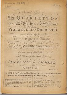 Partition violon 1 (flûte ou hautbois), 6 quatuors, A Second Sett of Six Quartettos for two Violins, a Tenor and Violoncello Obligato