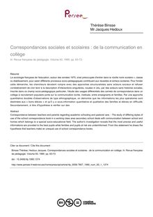 Correspondances sociales et scolaires : de la communication en collège - article ; n°1 ; vol.93, pg 63-73