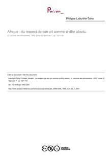 Afrique : du respect de son art comme chiffre absolu - article ; n°1 ; vol.62, pg 127-134