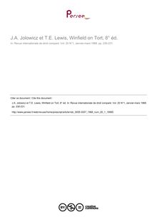 J.A. Jolowicz et T.E. Lewis, Winfield on Tort, 8° éd. - note biblio ; n°1 ; vol.20, pg 230-231