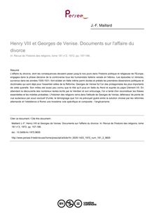 Henry VIII et Georges de Venise. Documents sur l affaire du divorce - article ; n°2 ; vol.181, pg 157-186