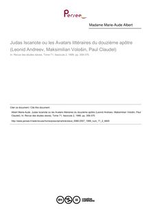 Judas Iscariote ou les Avatars littéraires du douzième apôtre (Leonid Andreev, Maksimilian Vološin, Paul Claudel) - article ; n°2 ; vol.71, pg 359-375